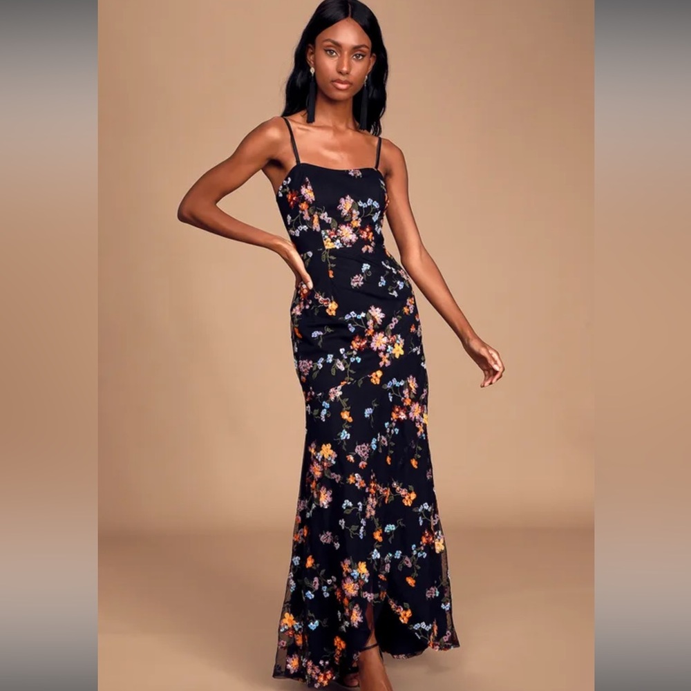 Lulus Wow and Forever Black Floral Sequin Strapless Maxi Dress Size XS